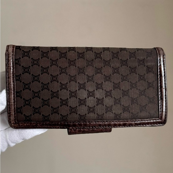 Celine Brown Macadam Canvas and Croc Embossed Leather French Wallet - Picture 2 of 15